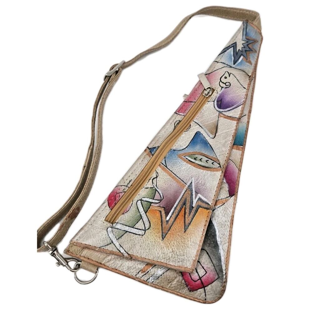 Vtg 80s Triangle Painted Abstract Art Leather Sling Hip Bag Retro